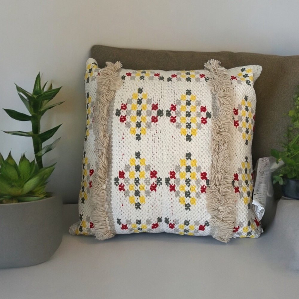 Woven fringe throw pillow NWT
